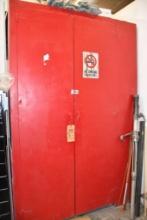 2 DOOR WOODEN CABINET W/CONTENTS: TOOLS, HARDWARE, PLASTIC BINS/PAILS, MISC., 84"H X 55"W X 19"D