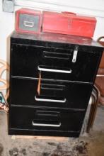 3 DRAWER METAL CABINET, BLACK, RED METAL TOOLBOX & RED METAL BIN W/CONTENTS: TOOLS,