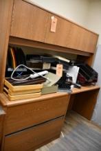 BROWN WOOD CREDENZE/FILE CABINET, 2 DRAWERS, 24" X 71" & 4 DOOR TOP SHELF UNIT, 15" X 69"