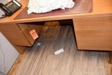 DESK, BROWN WOOD W/4 DRAWER & KEY, 30" X 59" & MATCHING CREDENZA W/4 DRAWERS, 20" X 62"