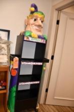 SHOP MADE CART W/4 SHELVES ON WHEELS W/MARDI GRAS HEAD & THEME, 27" X 13" X 77"T