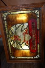BUDWEISER STAIN GLASS LLOK SIGN, LIGHTS UP, 19" X 27" W/BOX