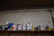 LARGE ASSORTMENT OF CHEMICALS ON THIS SHELF; STAIN, LUBRICANT, RESIN, ETC.