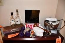 MISC. ITEMS ON SHELF: HAND WEIGHTS, HAIR DRYER, ETC.