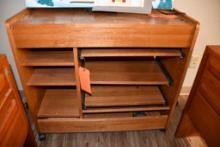BROWN WOOD CART W/3 PULL OUT SHELVES & 3 ADJUSTABLE SHELVES, ON WHEELS, 17" X 36" X 33"T