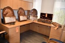 BROWN WOOD "L" SHAPED DESK W/TOP SHELF, 5 DRAWERS & KEY, 85" X 72", 37"H TOP SHELF W/4 DOORS