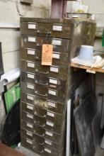 METAL 12 DRAWER CABINET WITH CONTENTS; FILES, RASPS, DRILL BITS, HARDWARE & MISC.