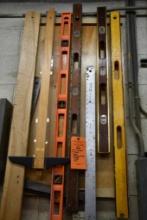 ITEMS HANGING ON BOARD; LEVELS, DRAFTING SQUARE, SQUARES AND MISC.
