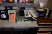 METAL BASE, TAN, LAMINATE TOP CORNER DESK, 2 DRAWER WOOD FILE CABINET W/CONTENT ON TOP &