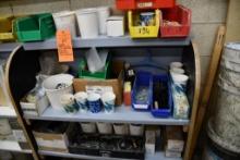 WOODEN SHELVING UNIT WITH CONTENTS; ASSORTED HARDWARE AND MISC. CHEMICALS