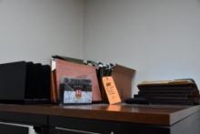 OFFICE SUPPLIES, TOP OF CABINET: FILE HOLDERS, ETC.