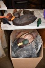 ASSORTED DUCK DECOYS, DUCK HEADS, DUCKS, BASE, ON TABLE AND IN BOX, DUCK DECOY BODIES