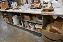 WOODEN WORK TABLE AND SHELVING WITH CONTENTS UNDER TABLE, PAPER DISPENSER, CONE FORM,
