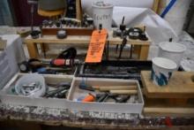 BOXES AND WOOD STANDS WITH ASSORTED - ROUTER BITS, PNEUMATIC TOOLS, SANDING ROLLS,