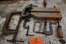 ASSORTED C-CLAMPS, DEEP THROAT CLAMP AND WOOD CLAMPS
