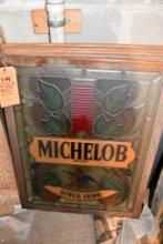 (3) STAINED GLASS LOOK MICHELOB LIGHT SIGNS & FRAMED PICS, 34" X 26"