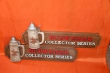 BOX W/(2) BUDWEISER COLLECTOR SERIES SIGNS, 34" X 13"