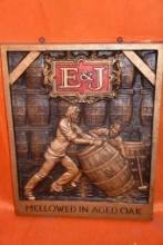 E&J MELLOWED IN AGED OAK SIGN, 23" X 20"