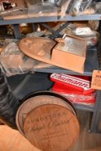 SHELVES 3 & 4: KILIANS IRISH RED SIGNS, THURMANS SIGN, RED BASE BOARDS, INCLUDES MARQUES BARREL