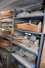 (2) METAL SHELVING UNITS - GREEN AND GRAY, INCLUDES CONTENTS AND MOLDS IN FRONT OF SHELVING,