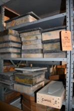 BLUE METAL SHELF UNIT, INCLUDES ALL CONTENTS MOSTLY MOLDS, 24" X 36" X 84"H