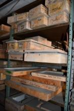 BLUE METAL SHELF UNIT, INCLUDES ALL CONTENTS, MOSTLEY MOLDS, 24" X 36" 84"H