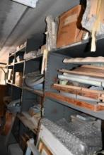 4 SECTION METAL SHELVING UNIT, INCLUDES ALL CONTENTS, MOSTLY MOLDS