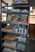 GRAY METAL SHELVING UNIT, INCLUDES CONTENTS ON TOP & UNDERNEATH, MOSTLY MOLDS, 19" X 36" X 75"H
