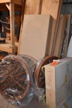 (4) BOXES OF WAGON WHEELS & WAGON TRIM, (5) BOXES/4 PER BOX, 57", T BOX WAGON FRAME & MISC. WAGON