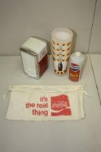 VINTAGE COKE AND PEPSI SODA LOT: NAPKIN DISPENSER, 4 CUPS, A PIN AND PEPSI CAN