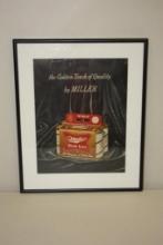 1958 MILLER HIGH LIFE BEER PAPER MAGAZINE ADVERTISING. MATTED AND FRAMED, 16" X 13"