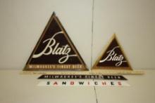 (4) BLATZ BEER ADVERTISING SIGNS. PLASTIC MILWAUKEE'S FINEST BEER AND SANDWICHES