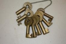 (8) ANTIQUE OBSOLETE BRASS RAILROAD AND SWITCH LOCK KEYS, B&O, C&NW ETC,