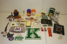 BOX WITH LOTS OF VINTAGE ITEMS: TEXACO SALT SHAKERS, BASEBALL WATCH, PATCHES, ETC.
