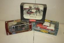 (3) VINTAGE DIE CAST METAL CARS; ROADMASTER BICYCLE, 1932 FORD 3 WINDOWS, 1955 CHEVY BEL AIR, 1:18