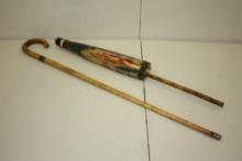 ANTIQUES 1933 CHICAGO WORLDS FAIR UMBRELLA A AND CANE (SOME DAMAGE NOTED)