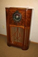 VINTAGE ZENITH TUBE CONSOLE RADIO, MODEL 12-A-58 BABY STRATOSPHERE, 1936, ART DECO DESIGN
