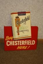 VINTAGE "BUY CHESTERFIELD HERE" CIGARETTE ADVERTISING TIN TACKER SIGN, 12" X 15"