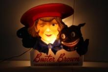 1940'S LIGHT UP BUSTER BROWN ADVERTISING SIGN, 18" X 20", 3D, AMERICA'S FAVORITE SHOE