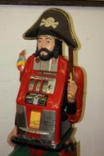 MILLS RARE HIGHTOP ANTIQUE SLOT MACHINE, FIGURAL PIRATE ON WOOD RUM BARRELL 72" HIGH R.S. DELONG