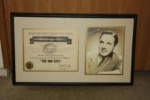 FRAMED AND MATTED BOB CROSBY'S, BOB CAT CLUB CERTIFICATE AND PORTRAIT PHOTO, VINTAGE 25" X 15"