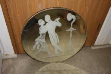 ROUND VINTAGE EDGED ART DECO MIRROR, DANCE SCENE 24" DIA.
