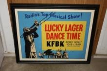 ORIGINAL LUCKY LAGER ADVERTISING SIGN, 25" X 32" SAN FRANCISCO DANCE TIME KFBK1530 RADIO SHOW