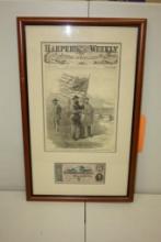 HARPERS WEEKLY JOURNAL OF CIVILIZATION FRAMED AND MATTED WITH "FIVE DOLLARS", 26" X 16"