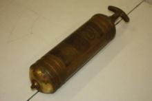 ANTIQUE PYRENE FIRE EXTINGUISHER, BRASS, FULL WITH CHEMICAL, CAUTION