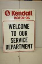 VINTAGE KENDALL MOTOR OIL SERVICE DEPARTMENT TIN TACKER SIGN, EMBOSSED. 18" X 24"