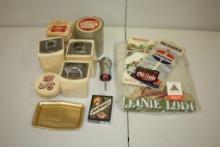 BOX WITH MISC ITEMS: MILLER BEER, LUCKY STRIKE, SCHLITZ, OLD STYLE, BLATZ, TRAYS, PATCHES ETC.