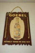 VINTAGE "ENJOY GOEBEL" WOOD BEER SIGN, RARE BREWSTER ROOSTER, DETROIT MICHIGAN
