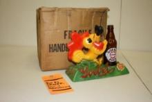 RARE VINTAGE GOEBEL BREWSTER ROOSTER BANTAM BOTTLE BEER SIGN, IN UNOPENED FACTORY BOX