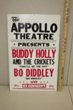 VINTAGE APPOLLO THEATRE CARDBOARD BUDDY HOLLY IN CONCERT ADVERTISING SIGN, 22" X 14"
